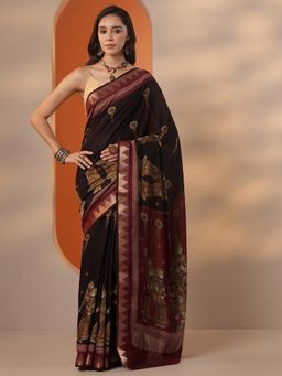 Libas - Womens Black Printed Silk Blend Saree with Unstitched Blouse