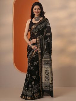 Libas - Womens Black Printed Silk Blend Saree with Unstitched Blouse