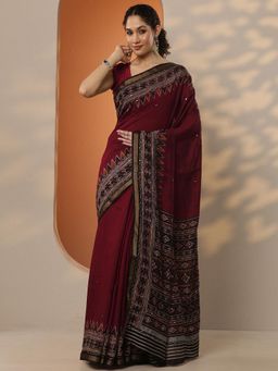 Libas - Womens Wine Printed Silk Blend Saree with Unstitched Blouse