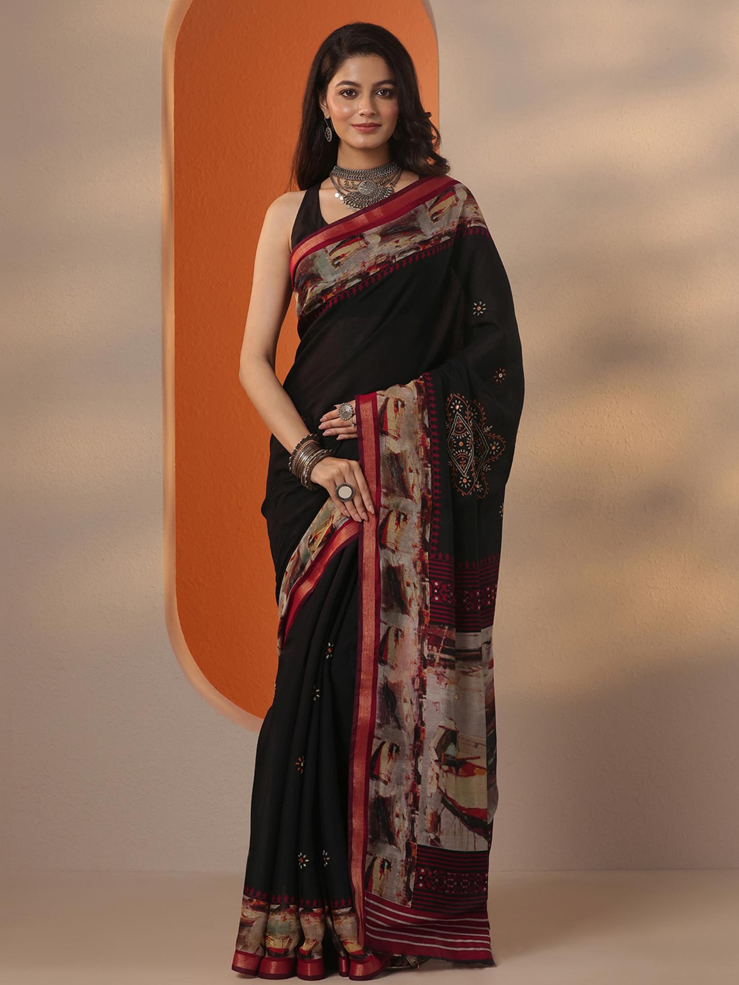 libas Womens Black Embellished Silk Blend Saree with Unstitched Blouse-picture-14
