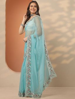 Libas - Womens Blue Embroidered Pure Chiffon Saree with Unstitched Blouse