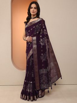 Libas - Womens Purple Printed Silk Blend Saree with Unstitched Blouse