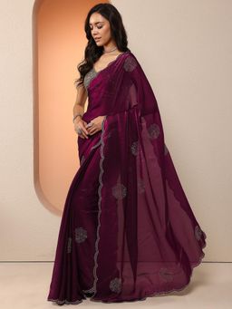 Libas - Womens Wine Embellished Organza Saree with Unstitched Blouse