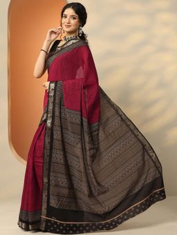 Libas - Womens Red Printed Silk Blend Saree with Unstitched Blouse
