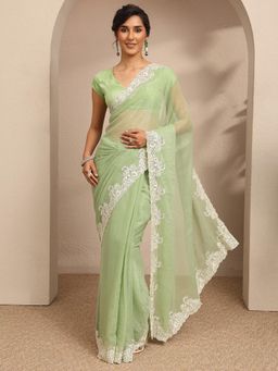 Libas - Womens Green Embellished Silk Blend Saree with Unstitched Blouse