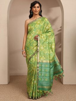 Libas - Womens Green Printed Woven Design Silk Blend Saree with Unstitched Blouse