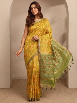 Libas - Womens Yellow Printed Woven Design Silk Blend Saree with Unstitched Blouse
