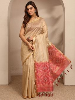 Libas - Womens Beige Woven Design Silk Blend Saree with Unstitched Blouse