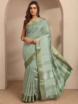 Libas - Womens Green Printed Silk Blend Saree with Unstitched Blouse