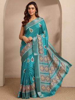 Libas - Womens Green Printed Silk Blend Saree with Unstitched Blouse