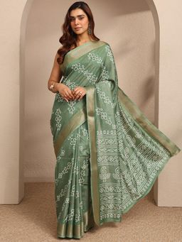 Libas - Womens Green Printed Silk Blend Saree with Unstitched Blouse