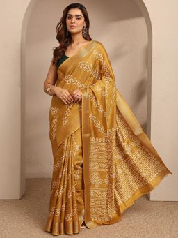 Libas - Womens Mustard Printed Silk Blend Saree with Unstitched Blouse