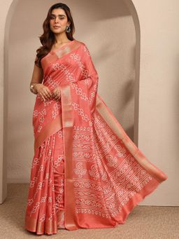 Libas - Womens Coral Printed Silk Blend Saree with Unstitched Blouse