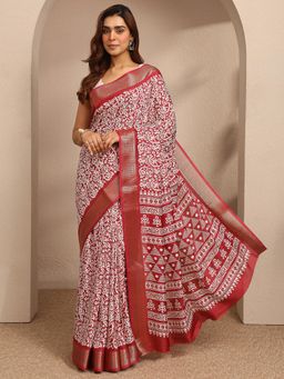 Libas - Womens Maroon Printed Silk Blend Saree with Unstitched Blouse