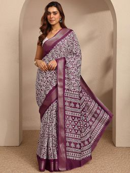 Libas - Womens Purple Printed Silk Blend Saree with Unstitched Blouse