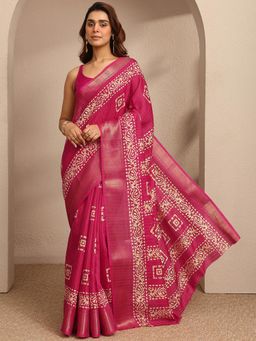 Libas - Womens Pink Printed Silk Blend Saree with Unstitched Blouse