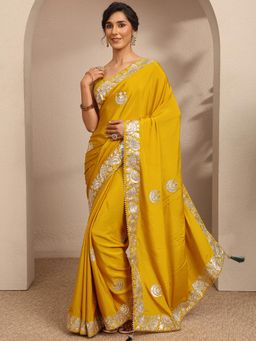 Libas - Womens Mustard Embroidered Silk Blend Saree with Unstitched Blouse