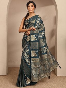 Libas - Womens Navy Blue Woven Design Silk Blend Saree with Unstitched Blouse