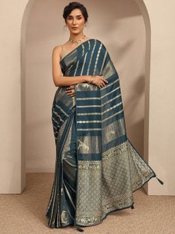 Libas - Womens Navy Blue Woven Design Silk Blend Saree with Unstitched Blouse