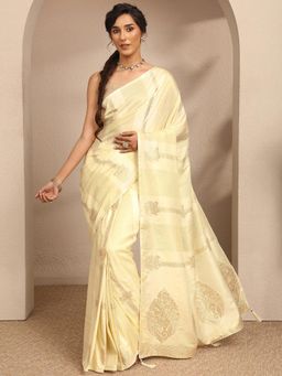 Libas - Womens Cream Woven Design Silk Blend Saree with Unstitched Blouse