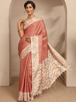 Libas - Womens Peach Printed Design Silk Blend Saree with Unstitched Blouse