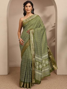 Libas - Womens Green Floral Printed Silk Blend Saree with Unstitched Blouse