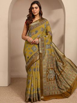 Libas - Womens Mustard Floral Printed Silk Blend Saree with Unstitched Blouse