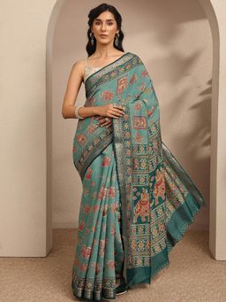 Libas - Womens Green Floral Printed Silk Blend Saree with Unstitched Blouse