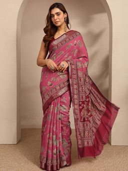 Libas - Womens Pink Floral Printed Silk Blend Saree with Unstitched Blouse
