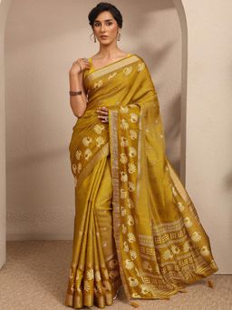 Libas - Womens Mustard Woven Design Silk Blend Saree with Unstitched Blouse