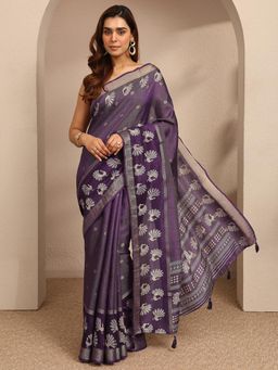 Libas - Womens Purple Woven Design Silk Blend Saree with Unstitched Blouse