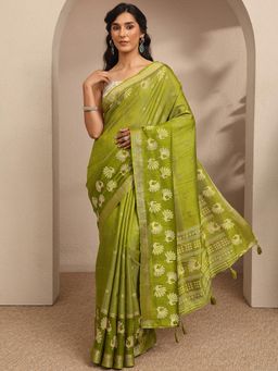 Libas - Womens Green Woven Design Silk Blend Saree with Unstitched Blouse