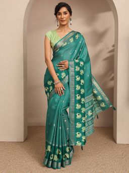 Libas - Womens Teal Woven Design Silk Blend Saree with Unstitched Blouse