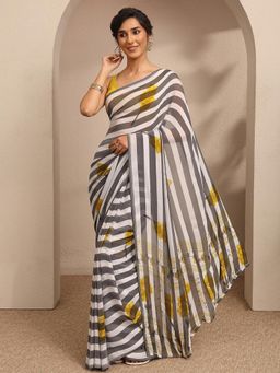 Libas - Womens White Stripes Pure Georgette Saree with Unstitched Blouse