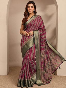 Libas - Womens Pink Printed Silk Blend Saree with Unstitched Blouse