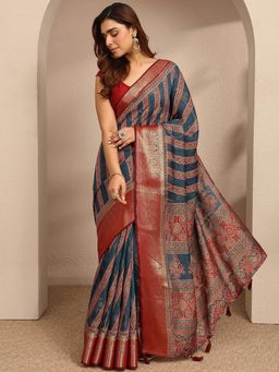 Libas - Womens Blue Printed Silk Blend Saree with Unstitched Blouse