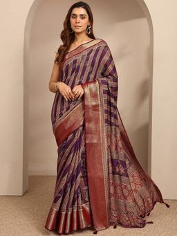 Libas - Womens Purple Printed Silk Blend Saree with Unstitched Blouse