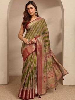 Libas - Womens Green Printed Silk Blend Saree with Unstitched Blouse