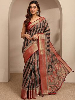 Libas - Womens Black Printed Silk Blend Saree with Unstitched Blouse