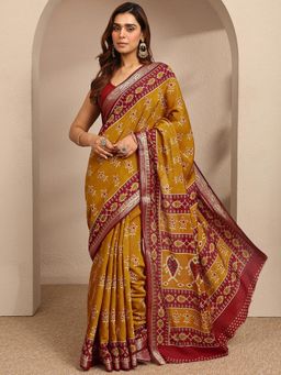 Libas - Womens Mustard Printed Silk Blend Saree with Unstitched Blouse