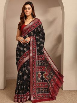 Libas - Womens Black Printed Silk Blend Saree with Unstitched Blouse