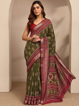Libas - Womens Green Printed Silk Blend Saree with Unstitched Blouse