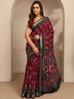 Libas - Womens Purple Printed Silk Blend Saree with Unstitched Blouse