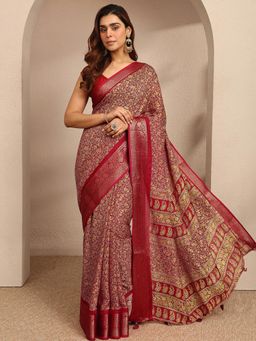 Libas - Womens Red Floral Printed Silk Blend Saree with Unstitched Blouse