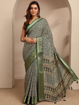 Libas - Womens Green Floral Printed Silk Blend Saree with Unstitched Blouse