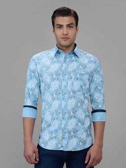 Giordano - Blue Printed Cotton Flex Slim Shirt