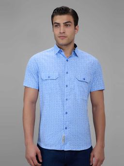 Giordano - Blue Printed Cotton Flex Slim Shirt