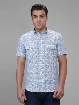 Giordano - Blue Printed Cotton Slub Slim Shirt