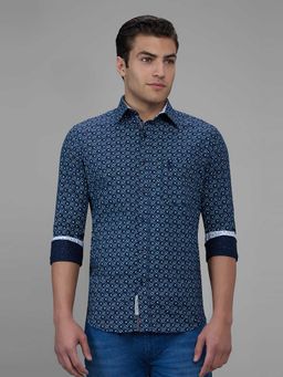 Giordano - Navy Blue Printed Cotton Slub Slim Shirt