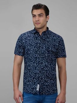 Giordano - Navy Blue Printed Cotton Slub Slim Shirt